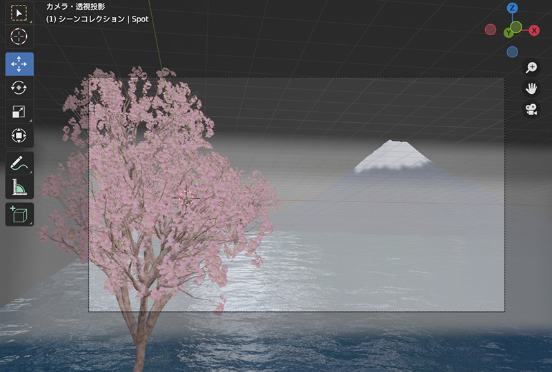 Blenderで「桜」と「富士山」と「湖面」に霧を追加２