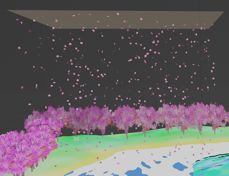 「パーティクルシステム」で、桜吹雪を実行した画像