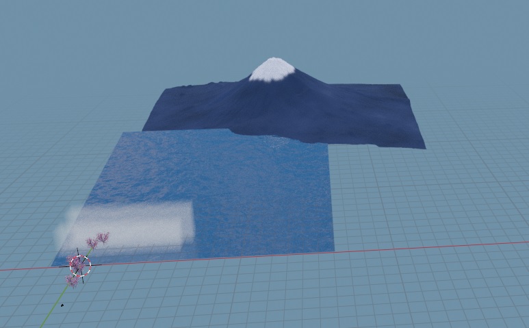 Blenderで「桜」と「富士山」と「湖面」に霧を追加