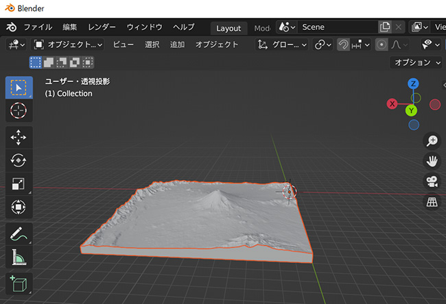 Blenderへ取り込んだ、富士山モデリング画像